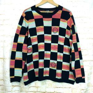 LOGO Lori Goldstein x Smiley World Sweater Plus 1X Black Checks Happy Face Mod